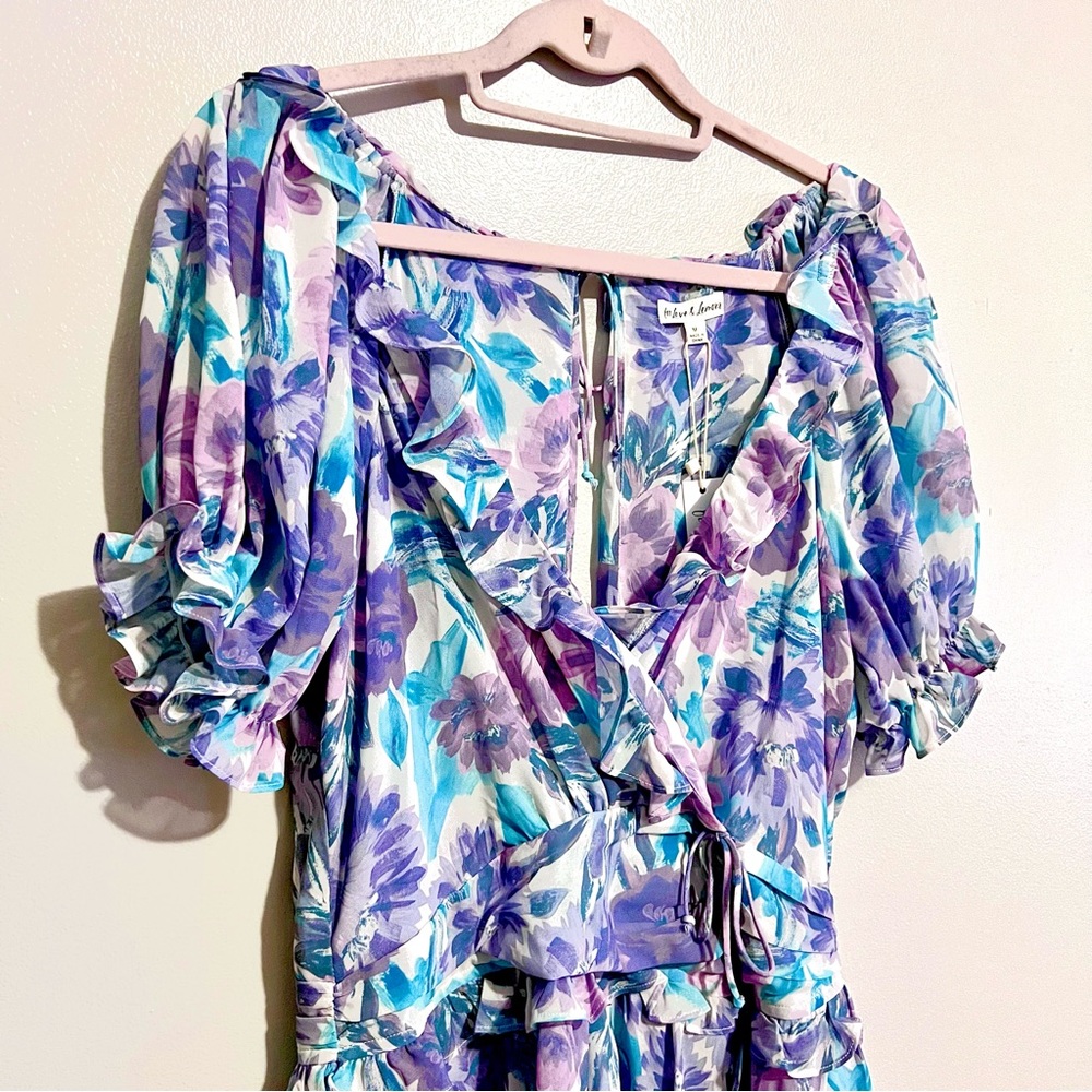 NWT For Love & Lemons Shelly Floral Lilac Ruffled Mini Puff Sleeve DressMSRP$236 - Picture 7 of 16